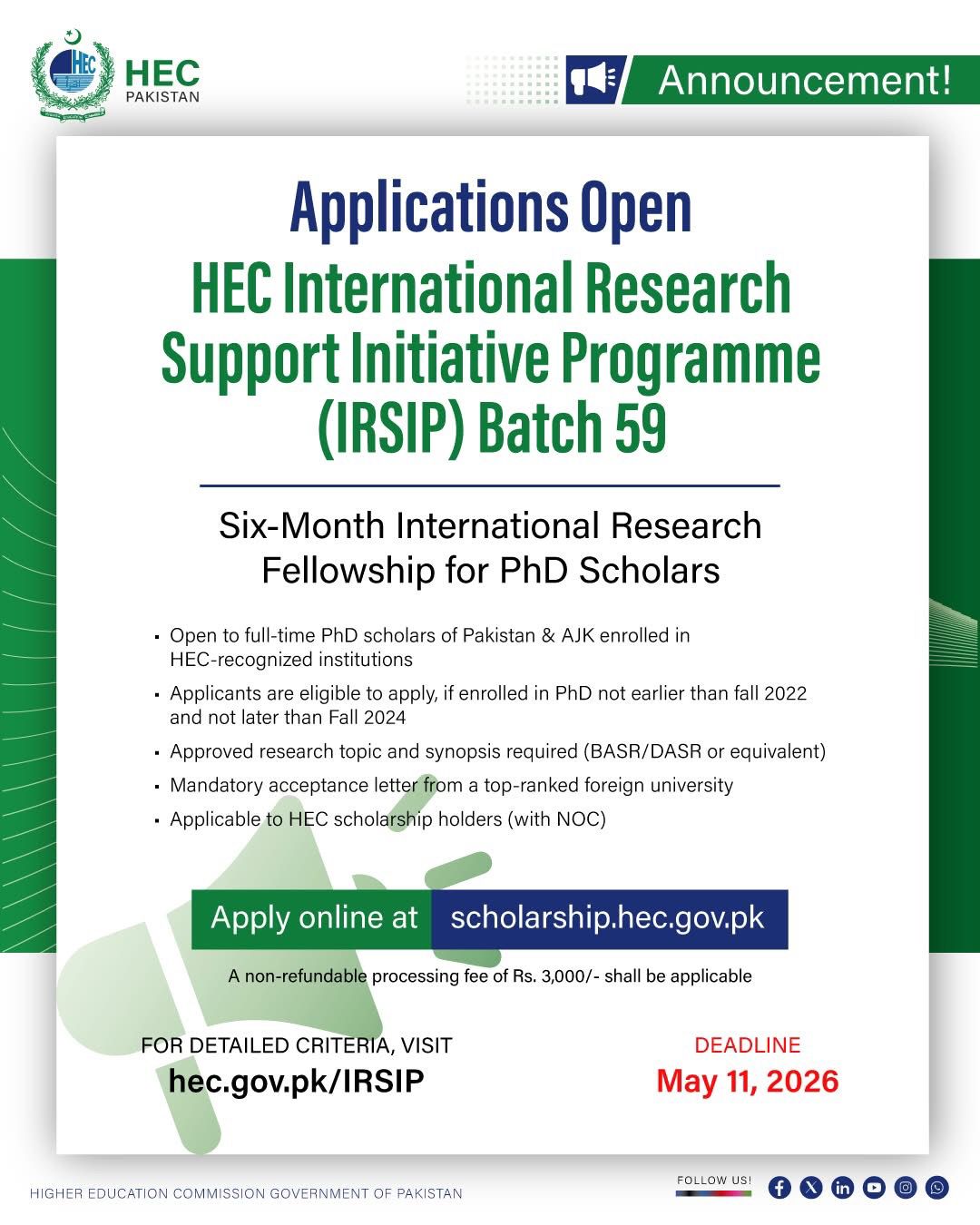 HEC International Research Support Initiative Programme (IRSIP) Batch 59 – Six-Month International Research Fellowship - Islamabad